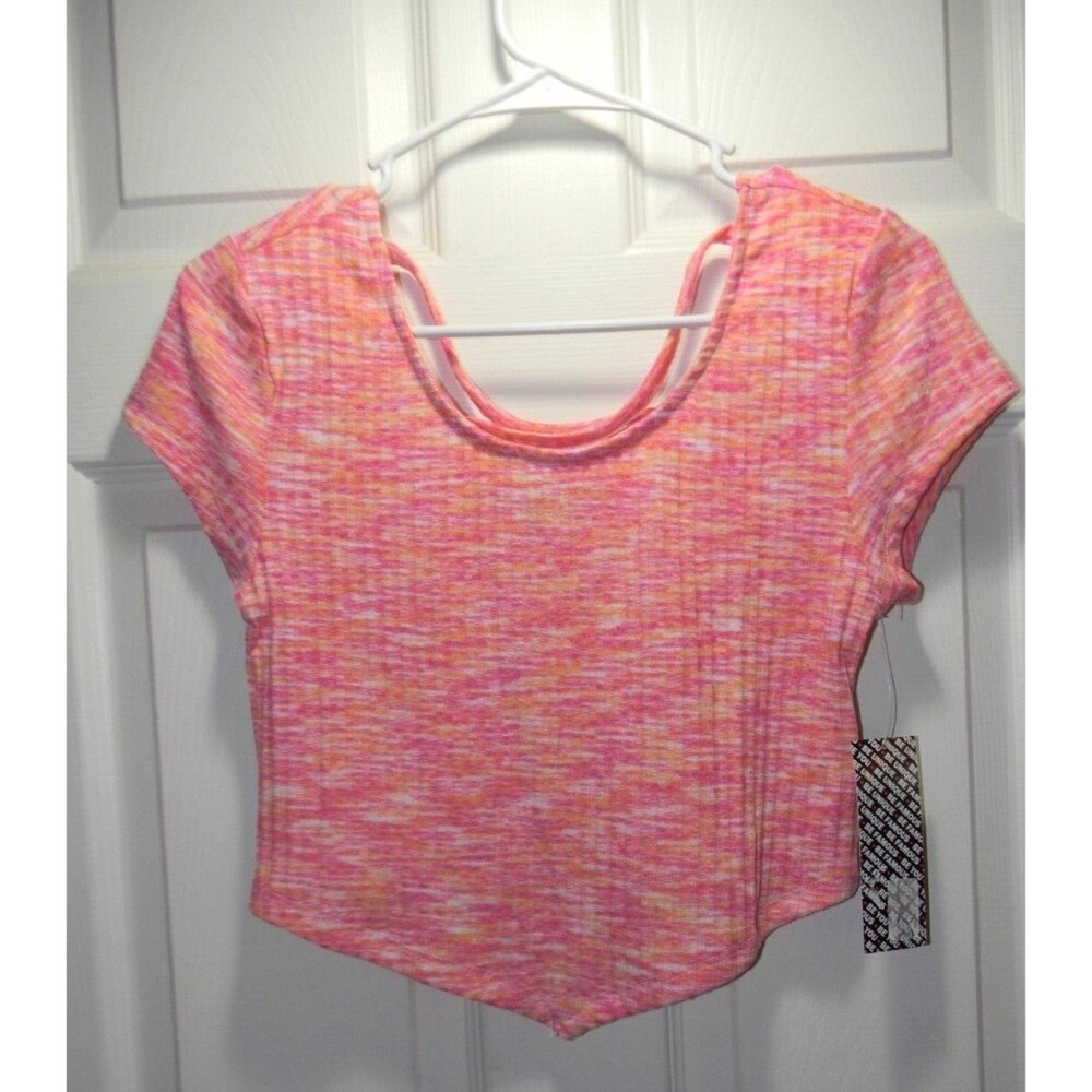 Almost Famous Pink Cropped Tee Asymmetrical Hem V Hem Back Detail Sz L NWT
